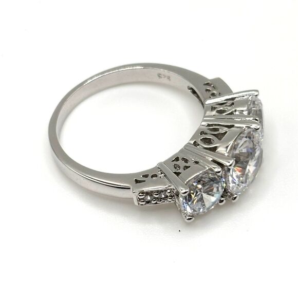Gorgeous Three Stone CZ Sterling Silver Marked Engagement Ring | Size 8 - Picture 7 of 12
